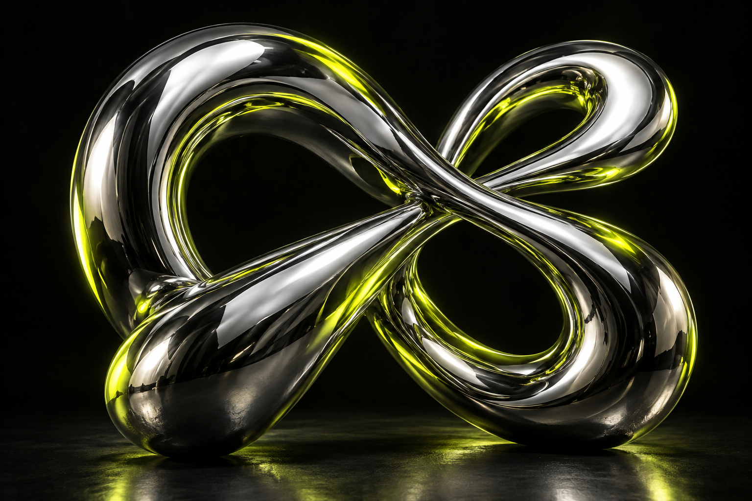 Sculptural chrome loops reflecting electric lime light